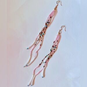 Pink Long Strand Beaded Dentalium Earrings